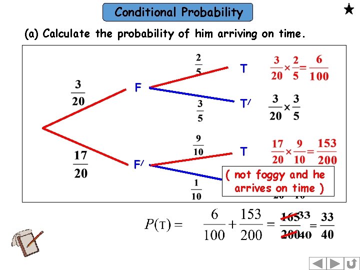 Conditional Probability (a) Calculate the probability of him arriving on time. T F T/