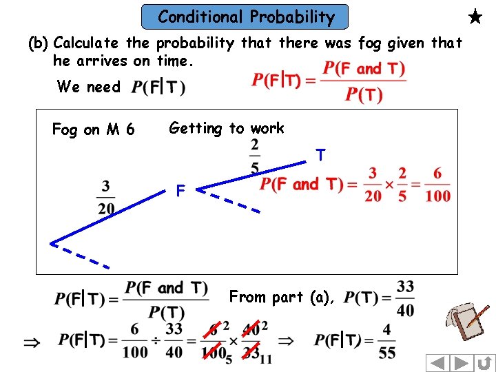 Conditional Probability (b) Calculate the probability that there was fog given that he arrives