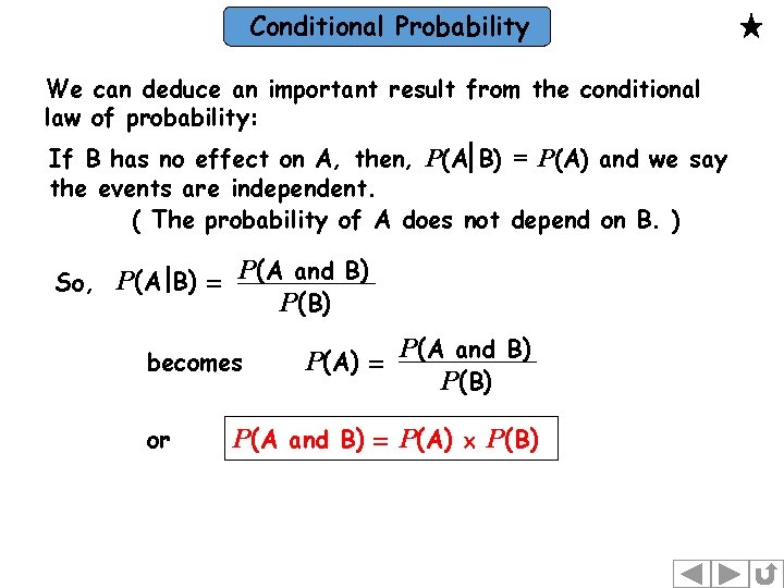 Conditional Probability We can deduce an important result from the conditional law of probability: