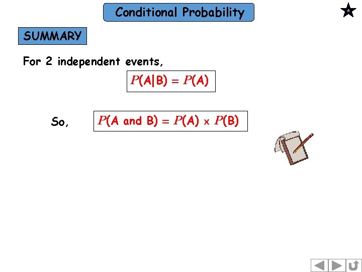 Conditional Probability SUMMARY For 2 independent events, P (A B ) = P (A