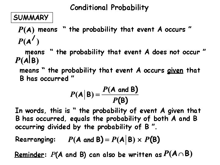 Conditional Probability SUMMARY means “ the probability that event A occurs ” means “