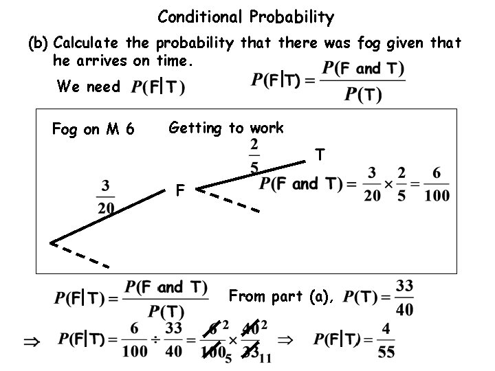 Conditional Probability (b) Calculate the probability that there was fog given that he arrives