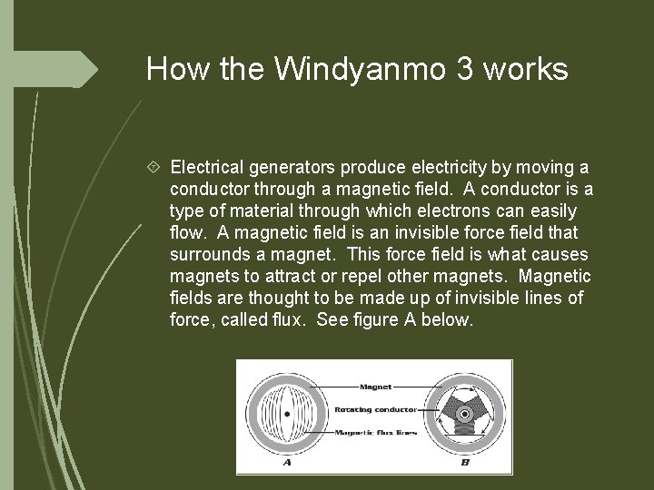 How the Windyanmo 3 works Electrical generators produce electricity by moving a conductor through