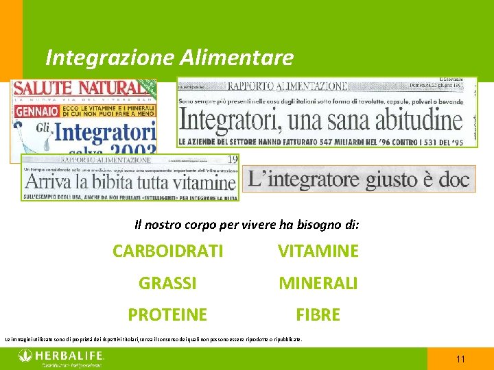 Integrazione Alimentare Il nostro corpo per vivere ha bisogno di: CARBOIDRATI VITAMINE GRASSI MINERALI