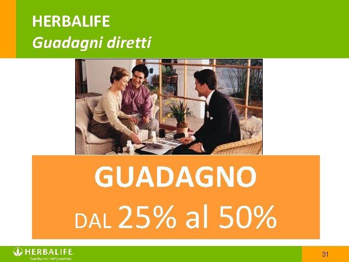 HERBALIFE Guadagni diretti GUADAGNO DAL 25% al 50% un piccolo gruppo di clienti… 31