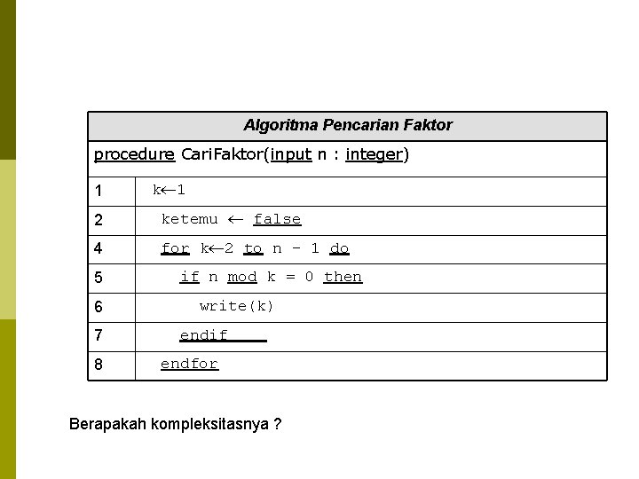 Algoritma Pencarian Faktor procedure Cari. Faktor(input n : integer) 1 k 1 2 ketemu