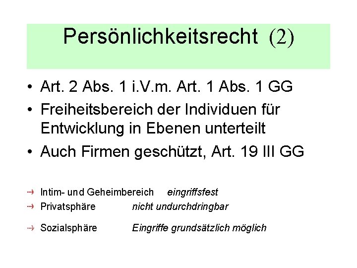 Persönlichkeitsrecht (2) • Art. 2 Abs. 1 i. V. m. Art. 1 Abs. 1