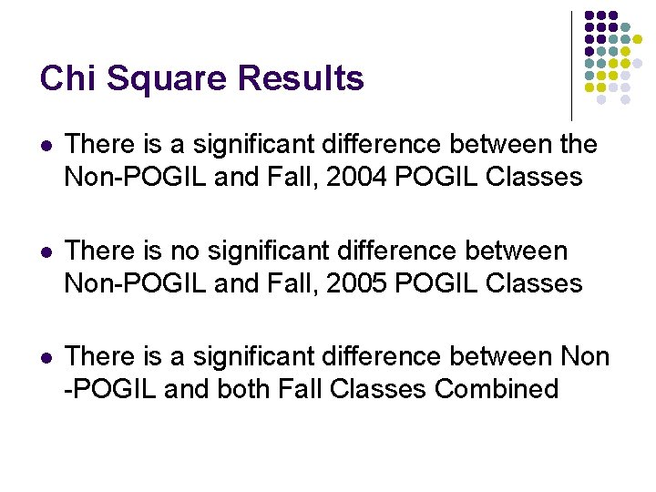 Chi Square Results l There is a significant difference between the Non-POGIL and Fall,