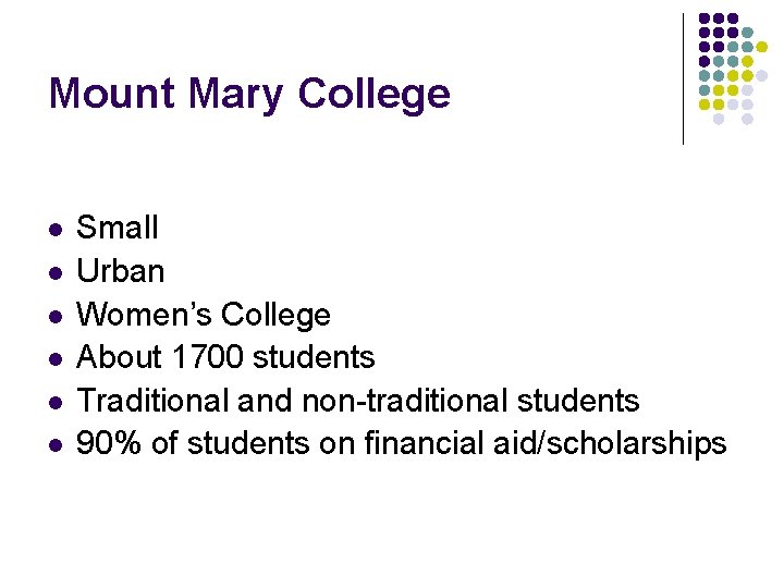Mount Mary College l l l Small Urban Women’s College About 1700 students Traditional