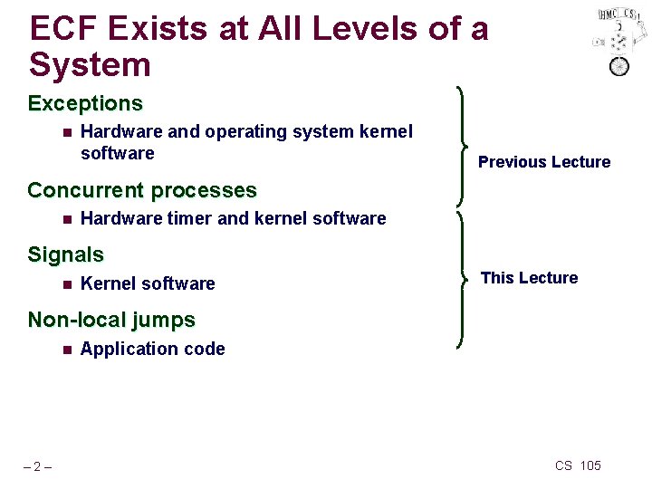ECF Exists at All Levels of a System Exceptions n Hardware and operating system