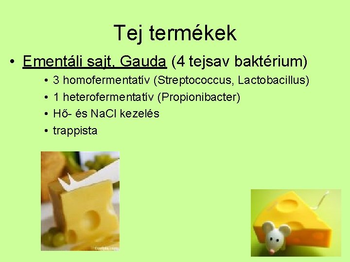 Tej termékek • Ementáli sajt, Gauda (4 tejsav baktérium) • • 3 homofermentatív (Streptococcus,