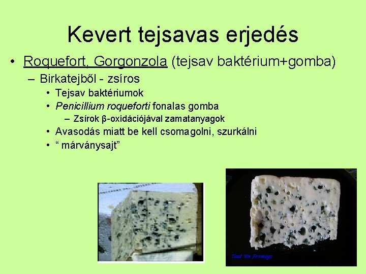 Kevert tejsavas erjedés • Roquefort, Gorgonzola (tejsav baktérium+gomba) – Birkatejből - zsíros • Tejsav