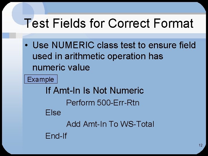 Test Fields for Correct Format • Use NUMERIC class test to ensure field used