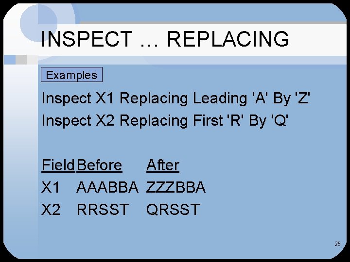 INSPECT … REPLACING Examples Inspect X 1 Replacing Leading 'A' By 'Z' Inspect X