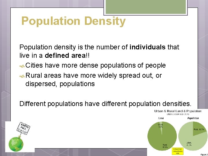 Population Density Population density is the number of individuals that live in a defined