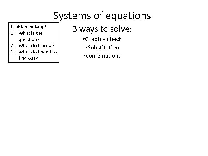 Systems of equations Problem solving! 1. What is the question? 2. What do I Systems of equations Problem solving! 1. What is the question? 2. What do I