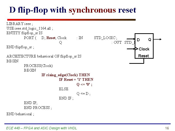 D flip-flop with synchronous reset LIBRARY ieee ; USE ieee. std_logic_1164. all ; ENTITY