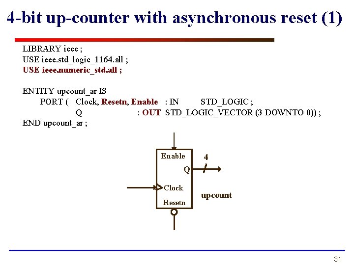 4 -bit up-counter with asynchronous reset (1) LIBRARY ieee ; USE ieee. std_logic_1164. all