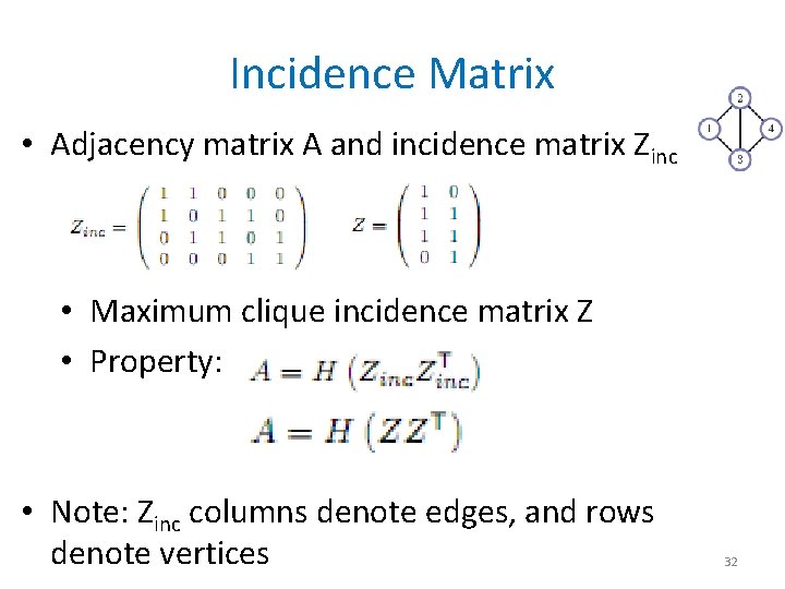 Incidence Matrix • Adjacency matrix A and incidence matrix Zinc • Maximum clique incidence