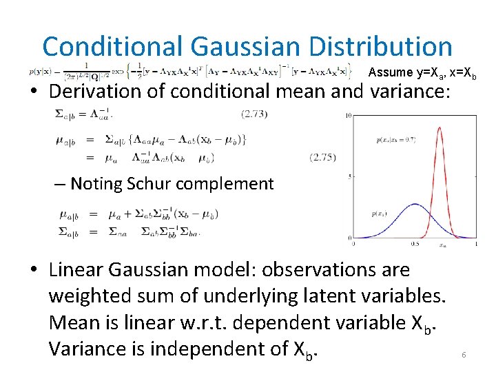 Conditional Gaussian Distribution Assume y=Xa, x=Xb • Derivation of conditional mean and variance: –