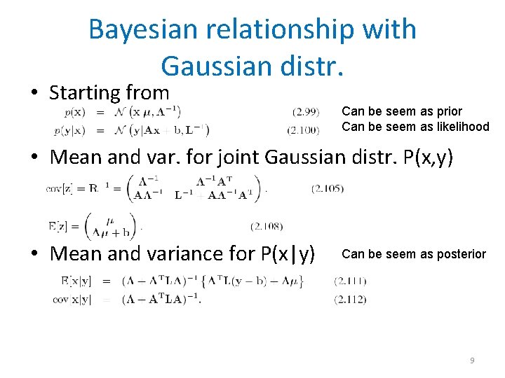 Bayesian relationship with Gaussian distr. • Starting from Can be seem as prior Can