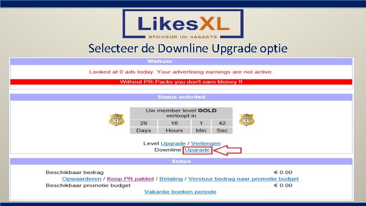 Selecteer de Downline Upgrade optie 