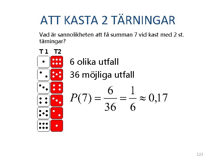 ATT KASTA 2 TÄRNINGAR Vad är sannolikheten att få summan 7 vid kast med