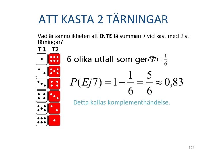 ATT KASTA 2 TÄRNINGAR Vad är sannolikheten att INTE få summan 7 vid kast