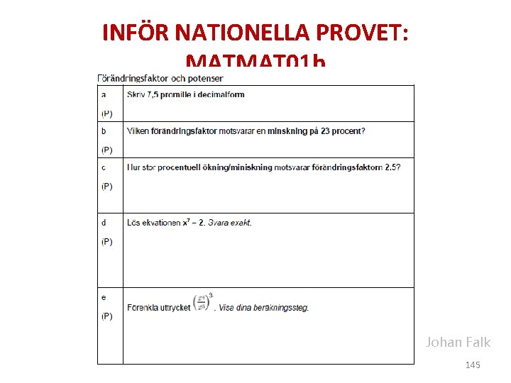 INFÖR NATIONELLA PROVET: MATMAT 01 b Johan Falk 145 