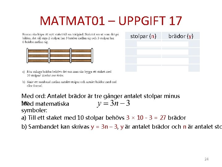 MATMAT 01 – UPPGIFT 17 stolpar (n) 2 3 4 5 brädor (y) 3