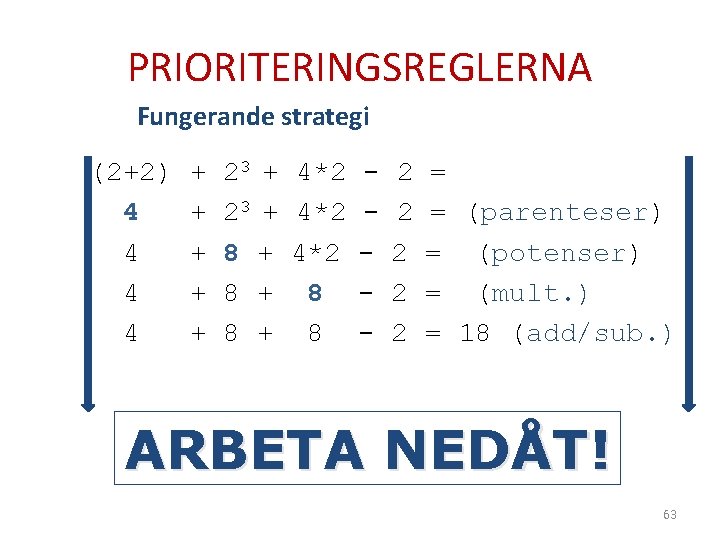 PRIORITERINGSREGLERNA Fungerande strategi (2+2) 4 4 + + + 23 + 4*2 - 2
