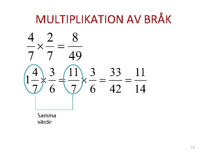 MULTIPLIKATION AV BRÅK Samma värde 73 