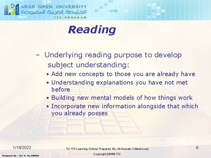 Reading – Underlying reading purpose to develop subject understanding: • Add new concepts to