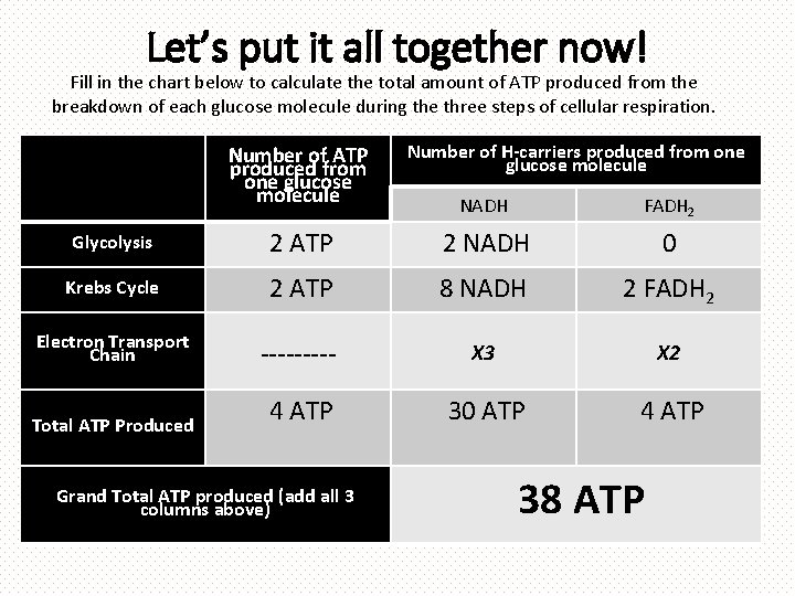Let’s put it all together now! Fill in the chart below to calculate the