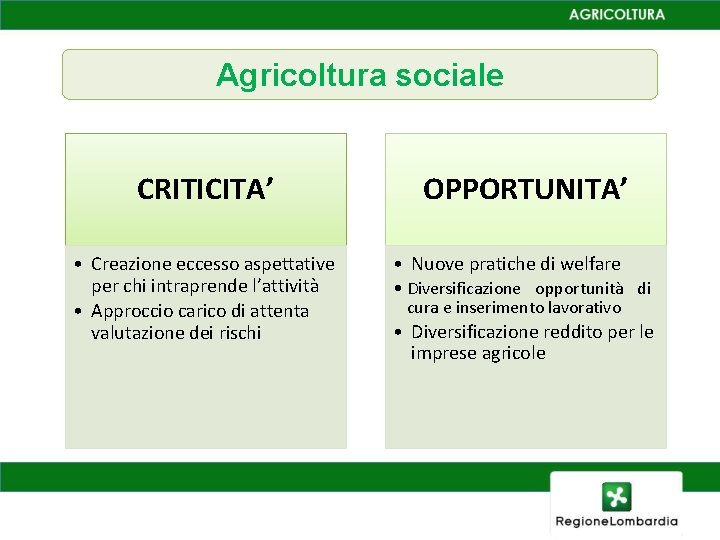 Agricoltura sociale CRITICITA’ • Creazione eccesso aspettative per chi intraprende l’attività • Approccio carico