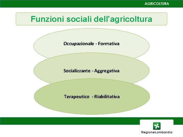 Funzioni sociali dell’agricoltura Occupazionale - Formativa Socializzante - Aggregativa Terapeutico - Riabilitativa 