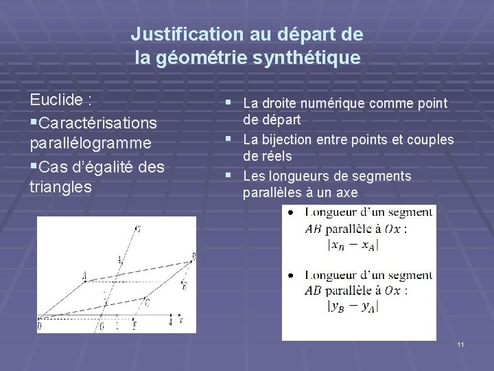 Justification au départ de la géométrie synthétique Euclide : §Caractérisations parallélogramme §Cas d’égalité des Justification au départ de la géométrie synthétique Euclide : §Caractérisations parallélogramme §Cas d’égalité des