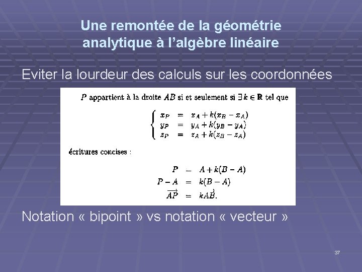 Une remontée de la géométrie analytique à l’algèbre linéaire Eviter la lourdeur des calculs Une remontée de la géométrie analytique à l’algèbre linéaire Eviter la lourdeur des calculs