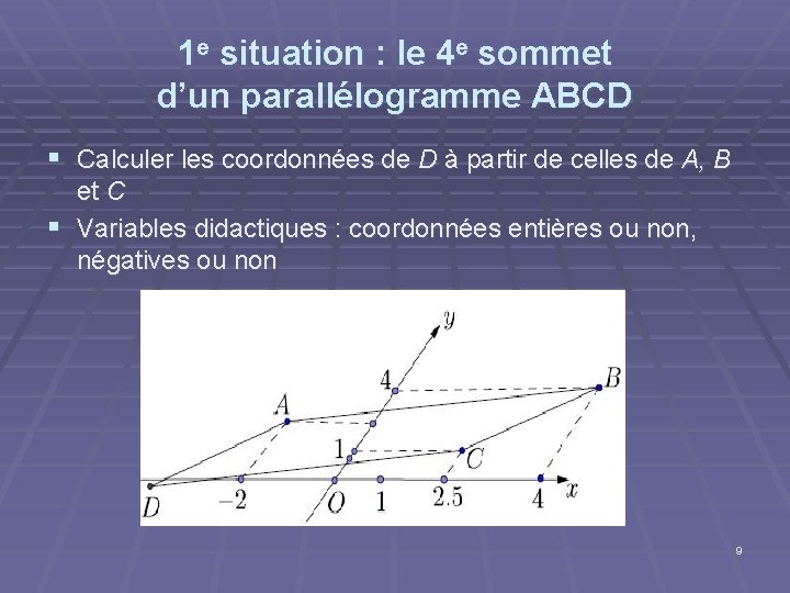 1 e situation : le 4 e sommet d’un parallélogramme ABCD § Calculer les 1 e situation : le 4 e sommet d’un parallélogramme ABCD § Calculer les