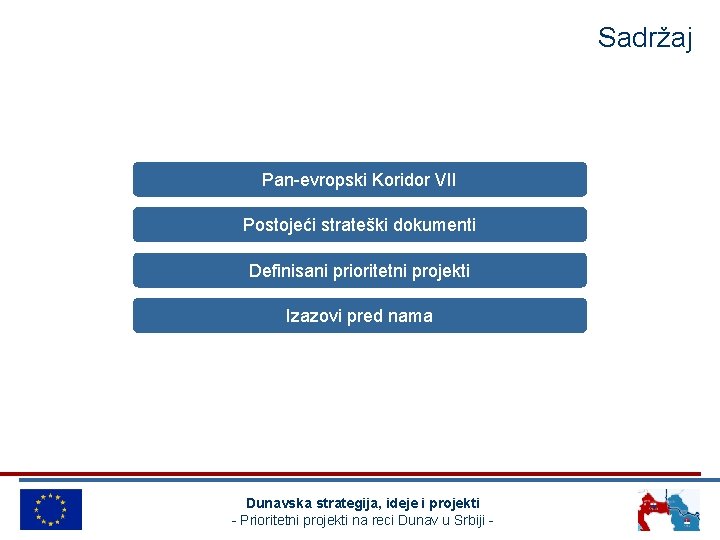 Sadržaj Pan-evropski Koridor VII Postojeći strateški dokumenti Definisani prioritetni projekti Izazovi pred nama Dunavska