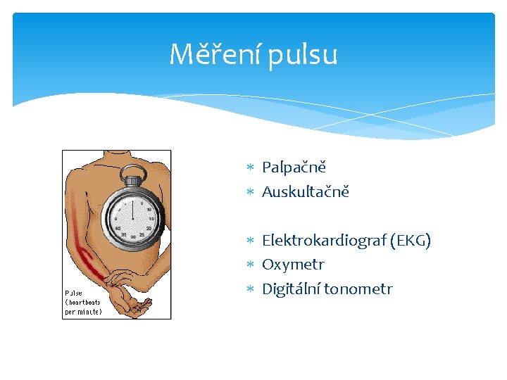 Měření pulsu Palpačně Auskultačně Elektrokardiograf (EKG) Oxymetr Digitální tonometr 