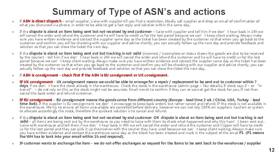 Summary of Type of ASN’s and actions If ASN is direct dispatch – email
