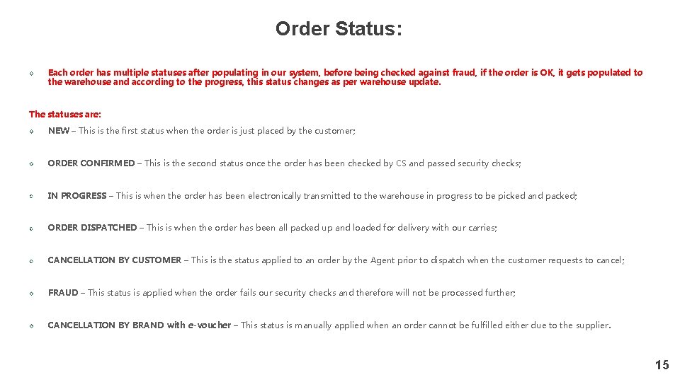 Order Status: Each order has multiple statuses after populating in our system, before being