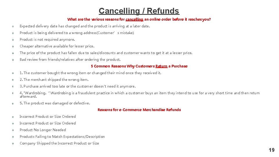 Cancelling / Refunds What are the various reasons for cancelling an online order before