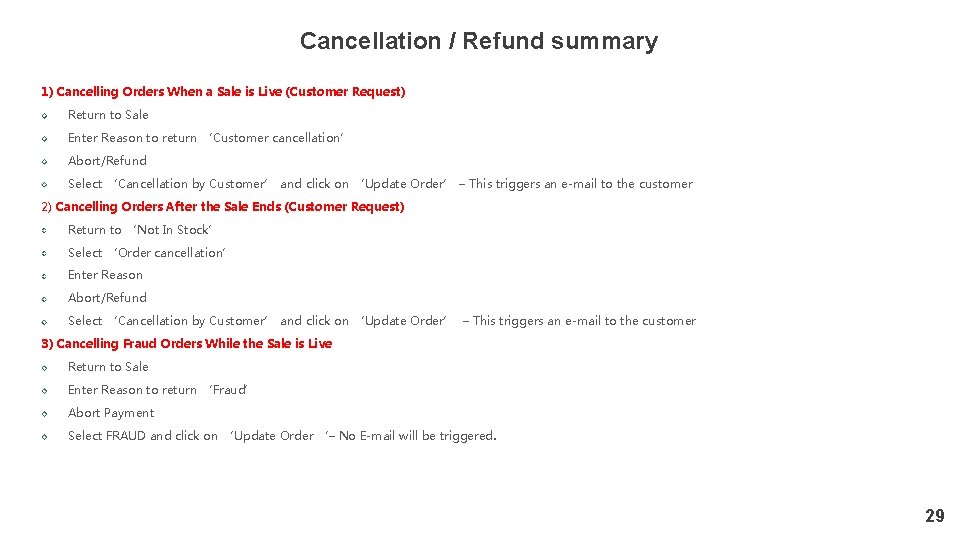 Cancellation / Refund summary 1) Cancelling Orders When a Sale is Live (Customer Request)