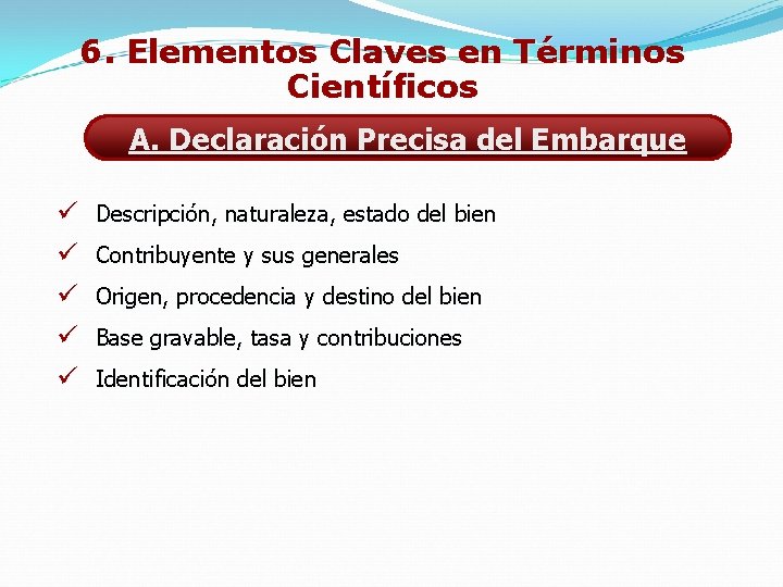 6. Elementos Claves en Términos Científicos A. Declaración Precisa del Embarque ü Descripción, naturaleza,