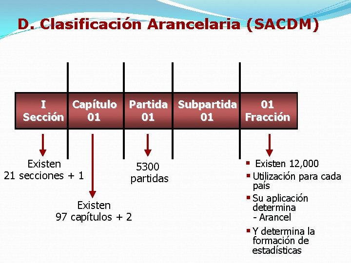 D. Clasificación Arancelaria (SACDM) I Capítulo Sección 01 Existen 21 secciones + 1 Partida