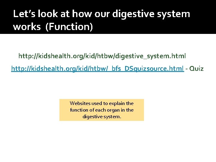 Let’s look at how our digestive system works (Function) http: //kidshealth. org/kid/htbw/digestive_system. html http: