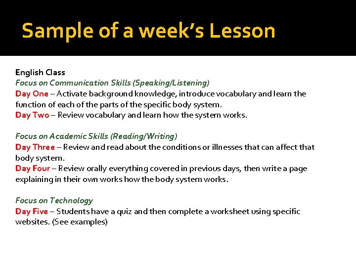 Sample of a week’s Lesson English Class Focus on Communication Skills (Speaking/Listening) Day One