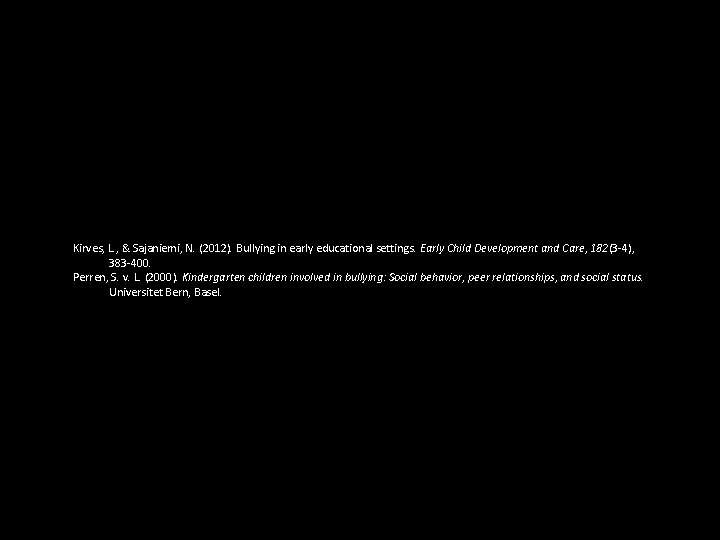 Kirves, L. , & Sajaniemi, N. (2012). Bullying in early educational settings. Early Child